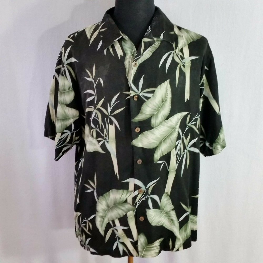 Tommy Bahama Mens Large Silk Shirt Black Bamboo Leaves Loop Collar Short Sleeve